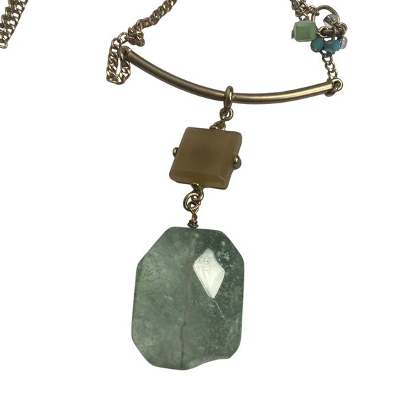 Chicos Long Gold Tone Necklace Chunky Green Translucent Pendant Boho Festival - Picture 3 of 8